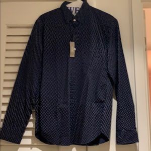 Men’s navy polka dot button down